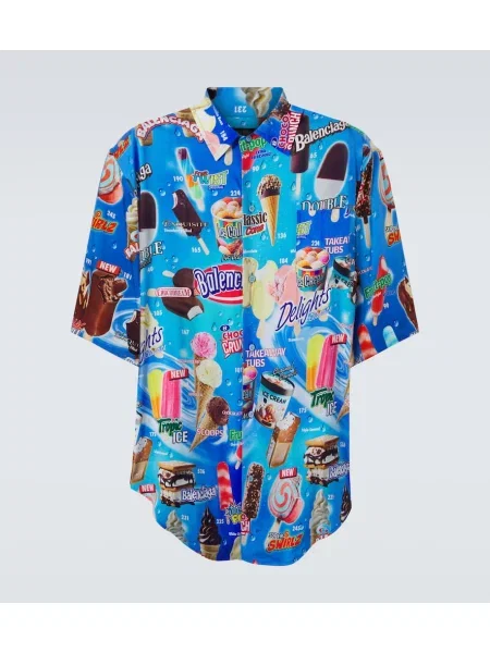 Saténová košile Balenciaga s potiskem modrá