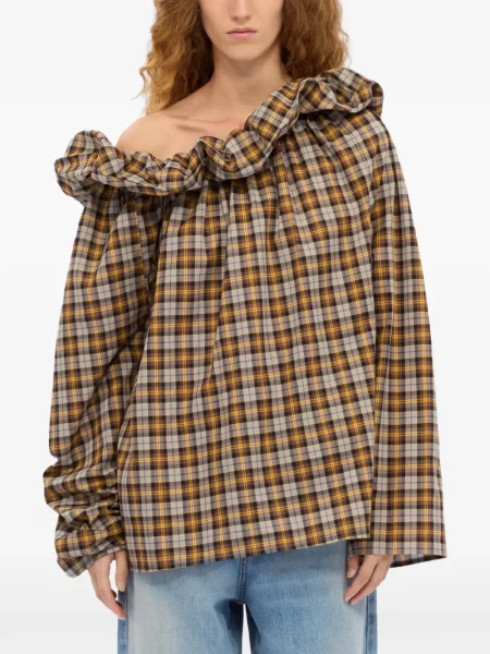 Bluzka z falbankami Msgm w kratę z falbankami brązowa