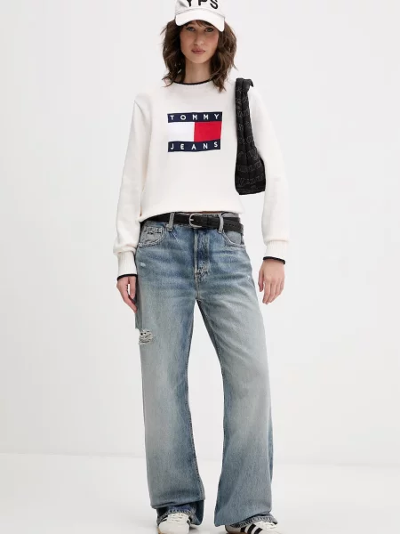 Tommy Jeans pulover bombažen bež