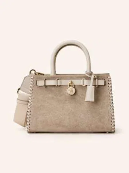 Torba tote na długim pasku z naturalnej skóry welurowej Tommy Hilfiger beżowa