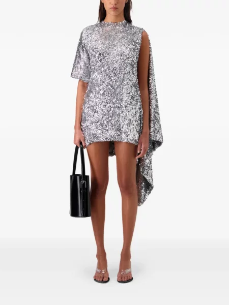 Rochie Coperni drapată de costum argintiu