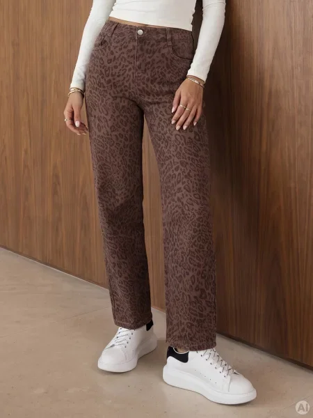 Jeansy balloon fit w panterkę Dstreet brązowe