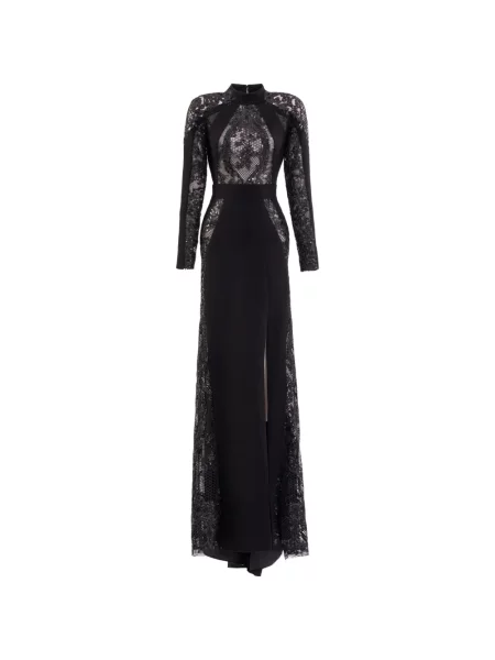 Lung rochie maxi Saiid Kobeisy cu mâneci lungi din dantelă negru