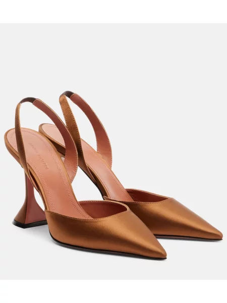 Pantofi cu toc Amina Muaddi din satin slingback maro