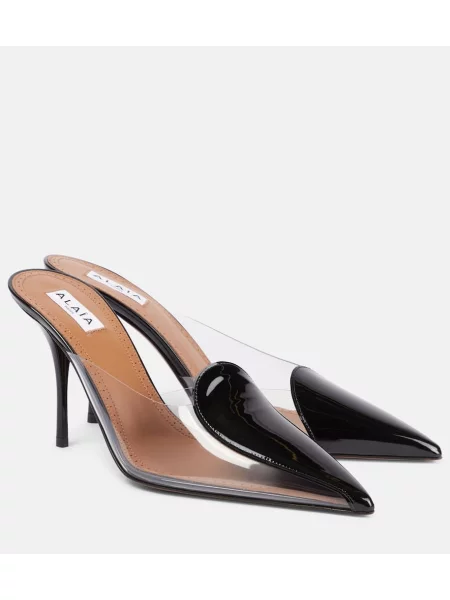 Papuci tip mules Alaïa din piele de lac negru