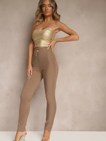Ciemnobeżowe Legginsy High Waist z Wiskozą z Cyrkoniowym Guzikiem Naliselle beżowe