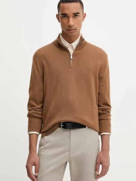 Calvin Klein sweter wełniany lekki z półgolfem brązowy