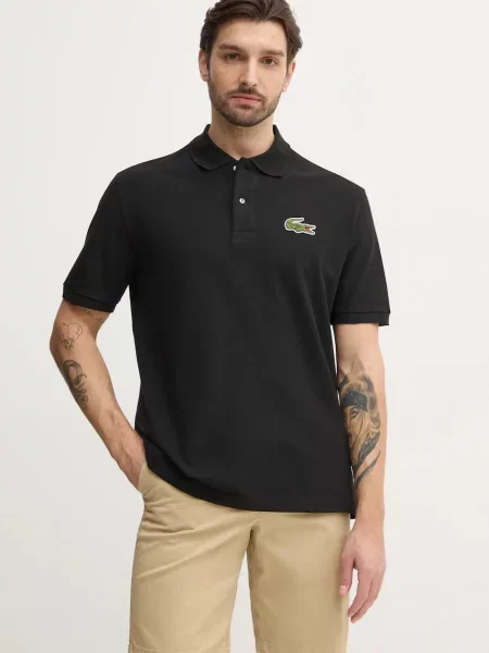 Тениска с яка Lacoste с апликация черно