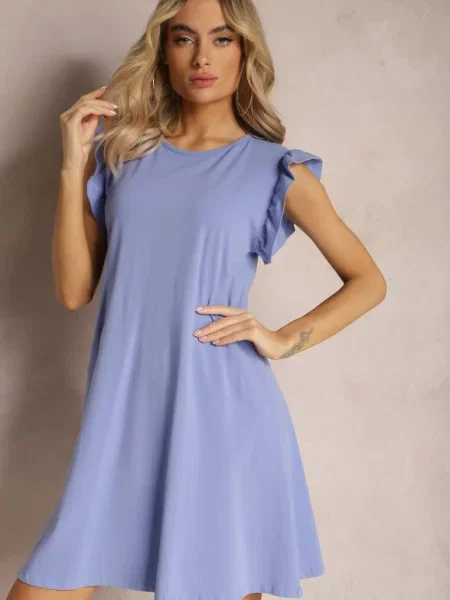 Rochie Trapez Deschis din cu Volane la Umeri Aleradia albastru