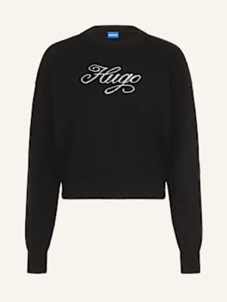 Hugo Blue Sweter Slogix Z Błyszczącą Przędzą schwarz czarny