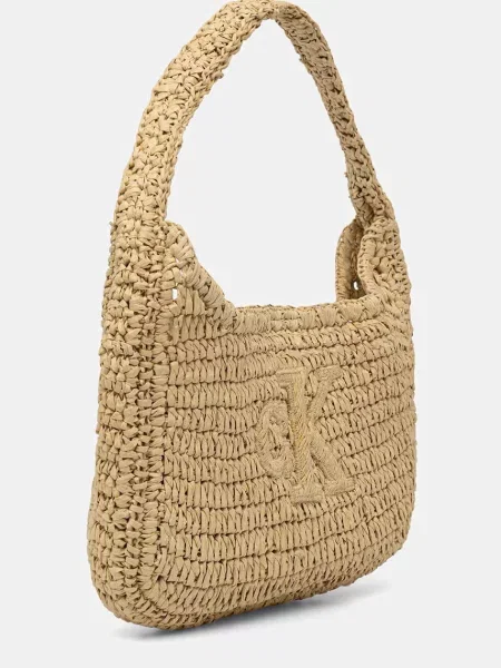 Geantă Calvin Klein Bold Ck Raffia Sm Shoulder Bag Maro bej