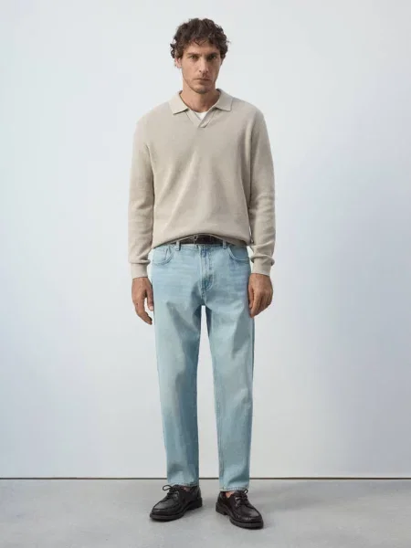 Prążkowany sweter polo z bawełny Mężczyzna S MANGO MAN beżowy