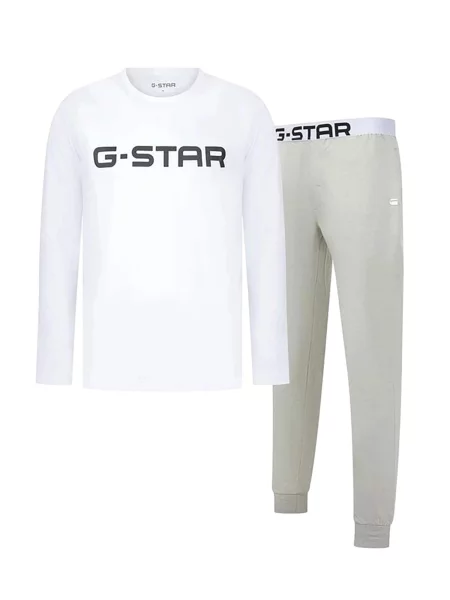 G-STAR Hosszú pizsama Stone greige / világosszürke / fekete fehér