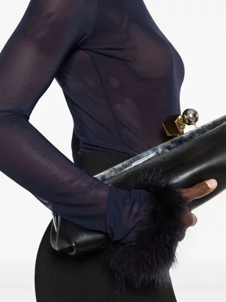 Top Mugler cu pene plasă albastru