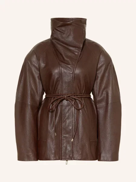 Sportmax Kožená Bunda Alaggio tmavě hnědá