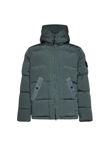 Lniana kurtka Stone Island z kapturem z kamieniami zielona