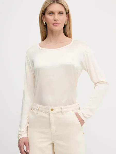 BOSS Green bluză din amestec de mătase uni bej