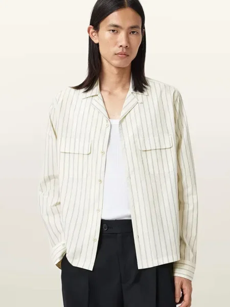 Риза AllSaints STANLEY със стандартна кройка бежово