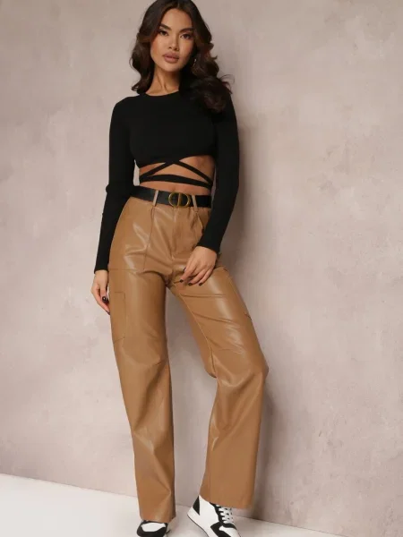 Închis Pantaloni din imitație de piele largi Narash bej