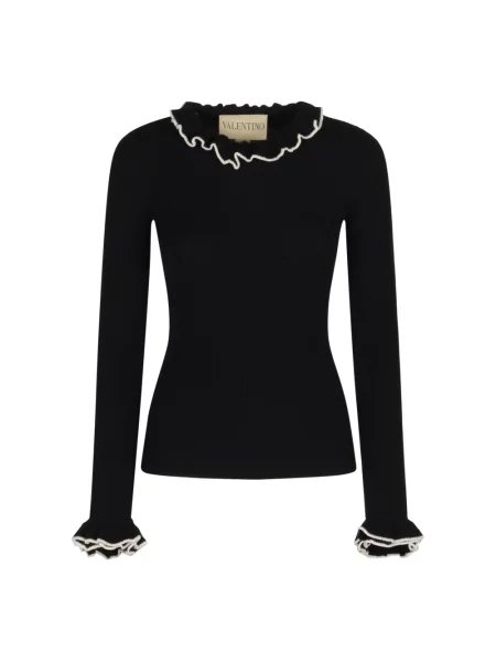 Lniany sweter Valentino Garavani z falbankami czarny