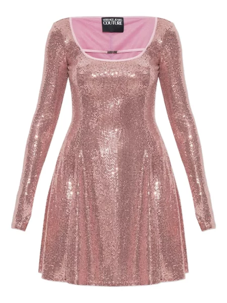 Mała sukienka jeansowa Versace Jeans Couture z cekinami garniturowa różowa
