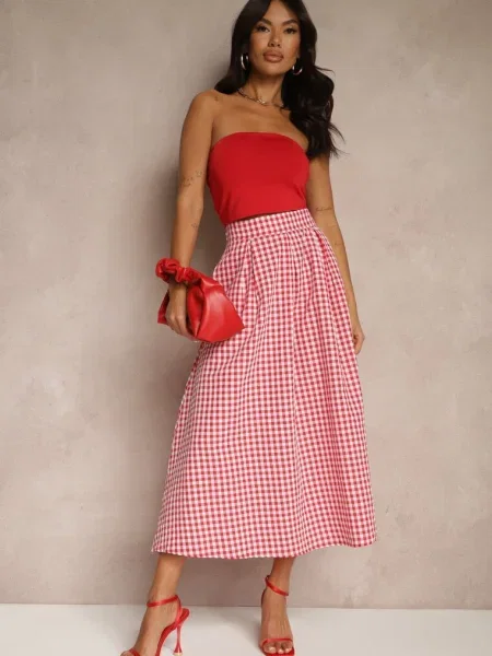 Długa Spódnica z Bawełną w Kratkę o Rozkloszowanym Fasonie Leandiwen czerwona