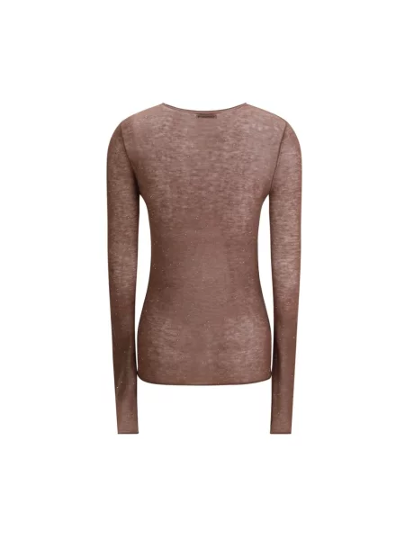 Sweter Pinko wełniany z długim rękawem z cekinami brązowy