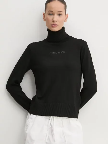 Пуловер Guess Jeans дамски с поло черно