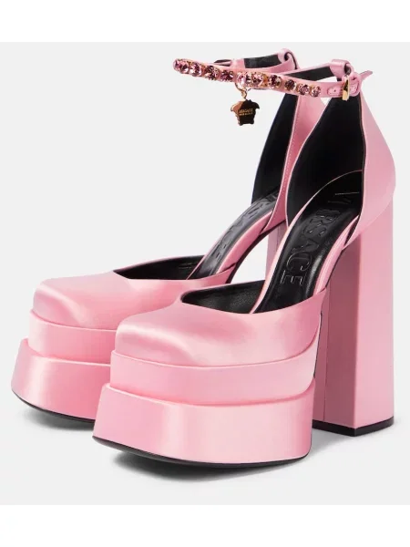 Pantofi cu toc Versace din satin cu platformă roz