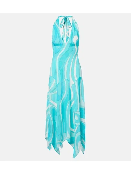 Rochie midi Pucci din jerseu până la genunchi cu gât halter albastru