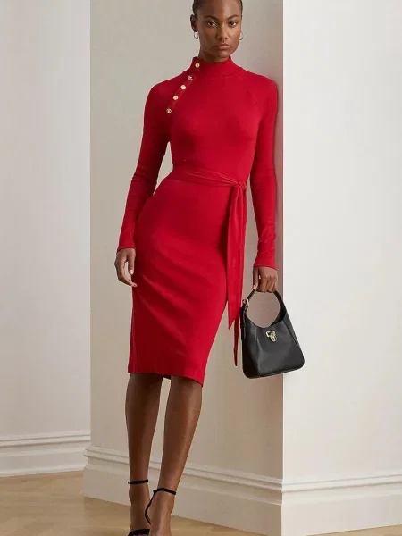 Рокля Lauren Ralph Lauren среднодълга с кройка по тялото червено