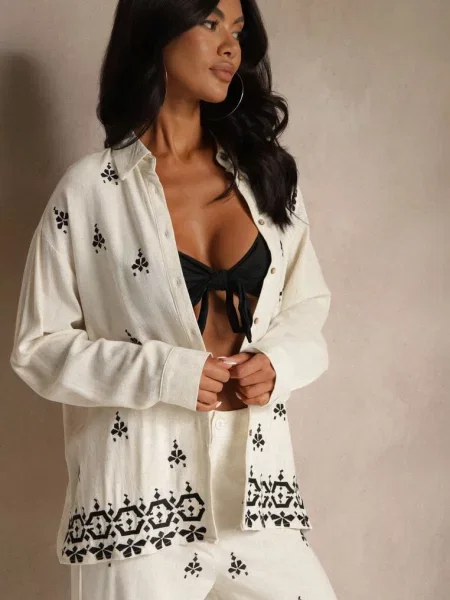 Biało-Czarna Koszula Boho z i Lnu z Ozdobnym Hafem Arliena biała