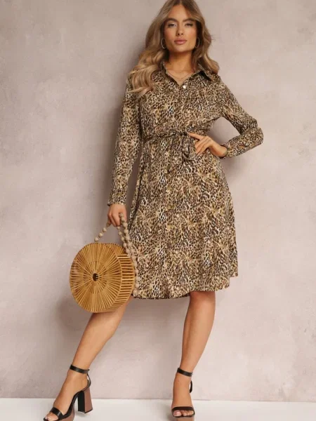 Rochie Cămașă Închis cu Imprimeu Leopard Nillk bej