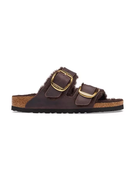 Birkenstock șlapi pentru femei din piele Arizona Big Buckle Shearling Oiled Leather maro