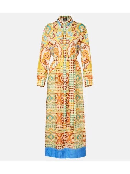 Jedwabna sukienka midi Etro z nadrukiem do kolan żółta