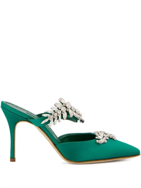 Papuci tip mules Manolo Blahnik din satin de cristal verde