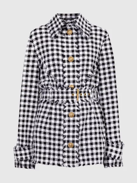 Твідова сорочка в клітинку з бахромою Balmain