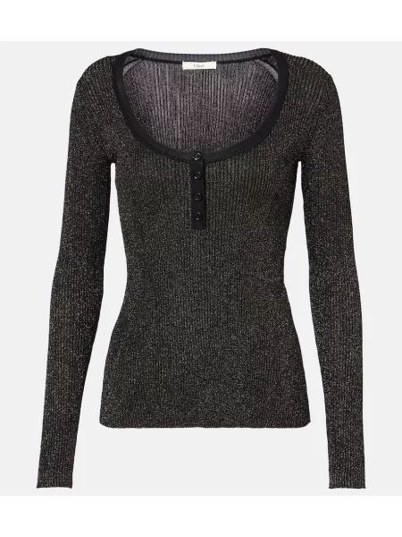 Cămașă Chloé tricotate cu guler henley negru
