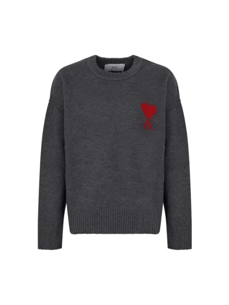 Sweter Ami Paris wełniany z dekoltem w kształcie litery U z logo szary