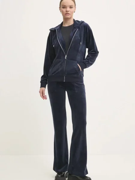 Juicy Couture bluza welurowa HALAN OVERSIZED HOODIE granatowy z kapturem gładka