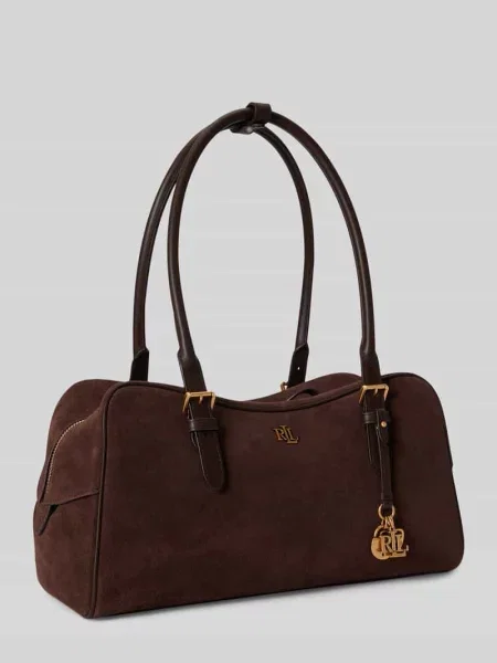 Torebka do ręki z prawdziwej skóry welurowej Lauren Ralph Lauren brązowa