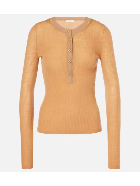 Cămașă Chloé de lână cu guler henley portocaliu
