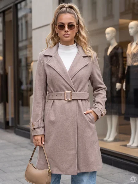 Elegancki płaszcz taliowany z paskiem Dstreet beżowy
