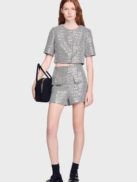 Картаті твідові шорти Sandro білі