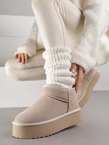 Cizme de zăpadă slip-on din piele întoarsă naturală cu talpă groasă Mevilira bej