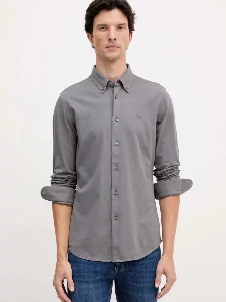 Риза BOSS Orange зелено с кройка по тялото с яка с копче сиво