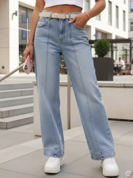 Jeansy loose fit z paskiem z wysokim stanem Dstreet niebieskie