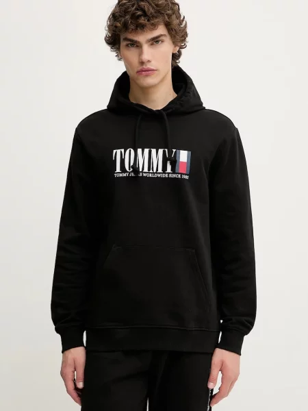 Tommy Jeans melegítőfelső nyomott mintás kapucnis fekete