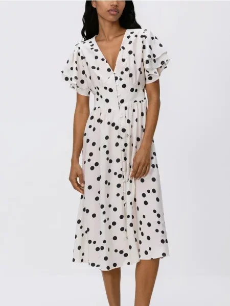 Reserved Сукня міді з модальним принтом кремовий 