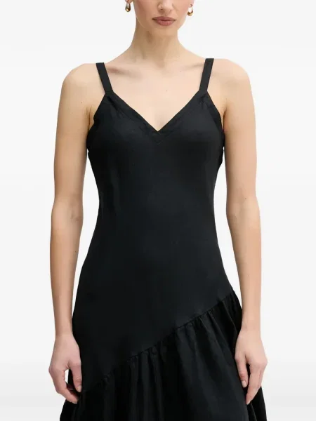 Rochie midi Dkny cu decolteu în V cu volane până la genunchi negru